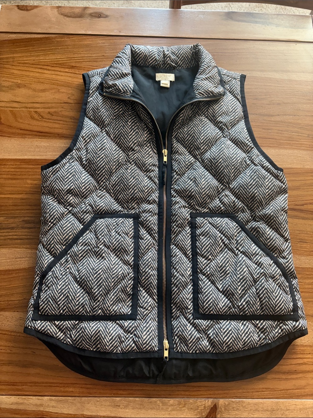 J. Crew Quilted Herringbone Vest in Black & White with Gold Zipper